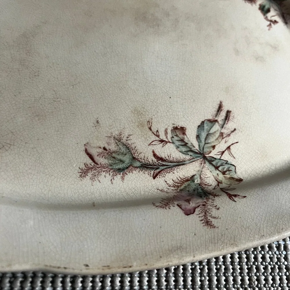 Antique Chelsea Ironstone Platter Moss Rose Floral Scalloped Oval Serving Dish
